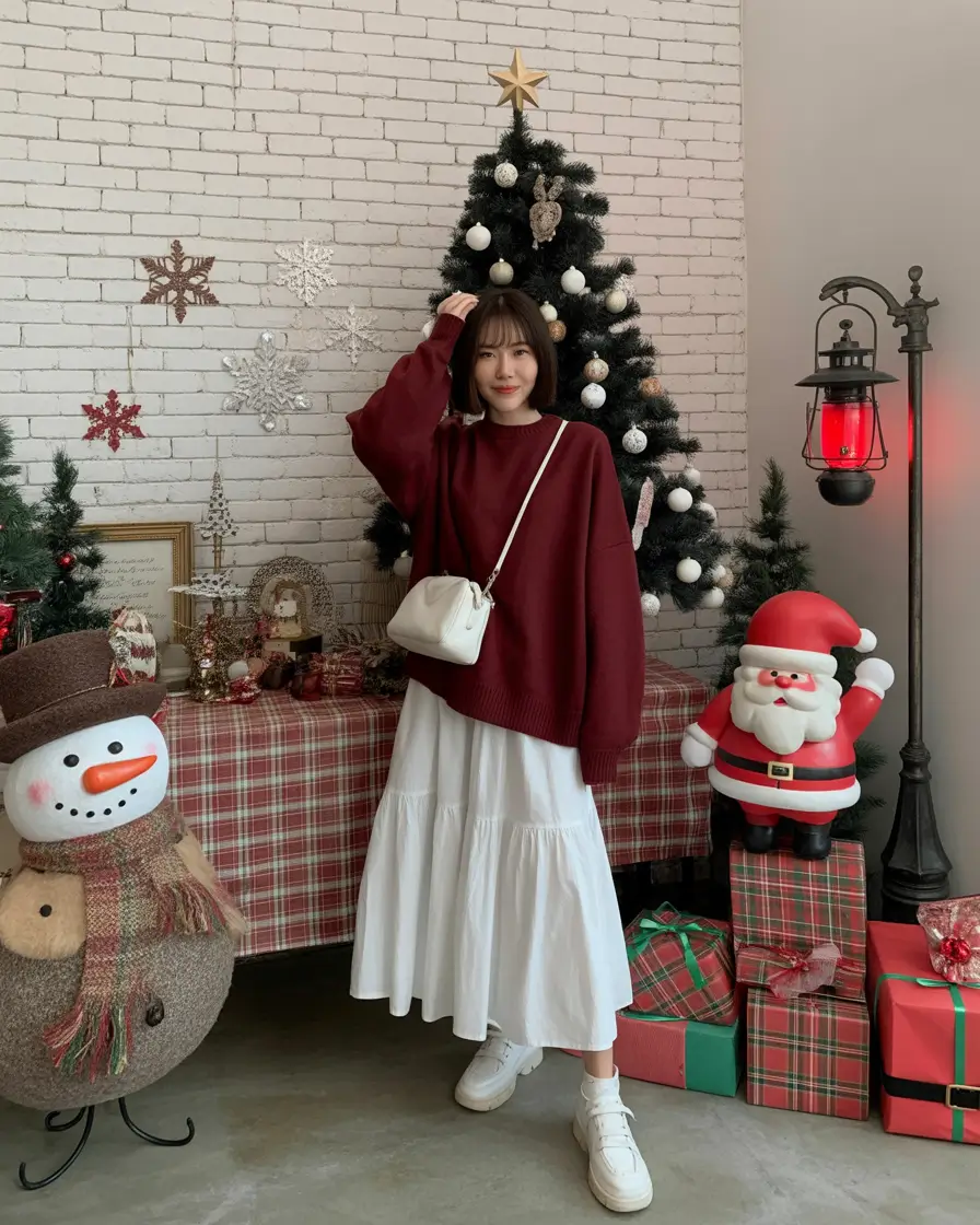 sweater outfits Burgundy White Skirt