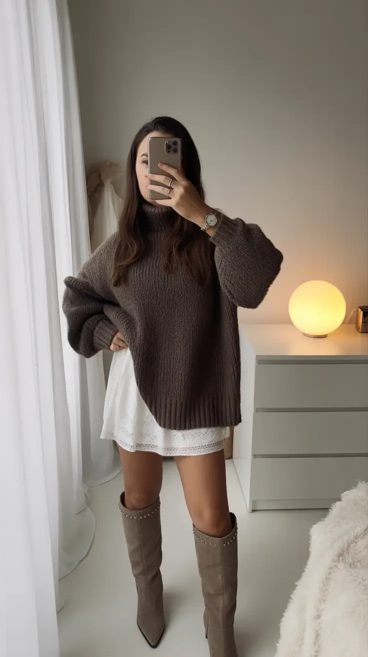 sweater outfits Brown White Skirt Oversized