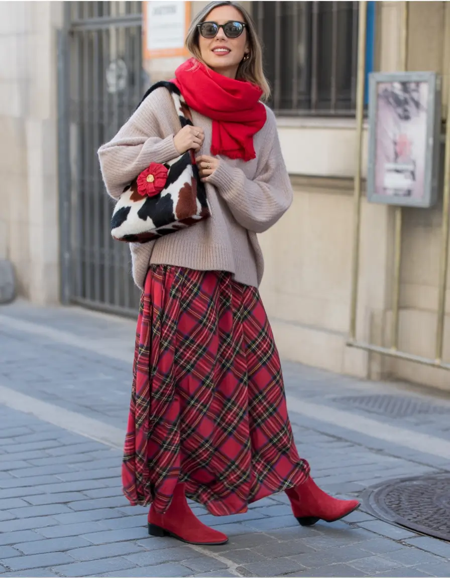 sweater outfits Beige Red Skirt Knit