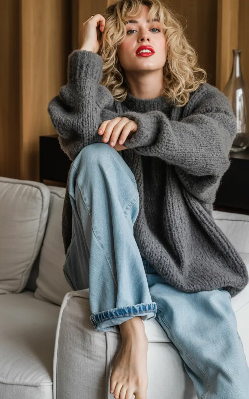 sweater outfits Gray Blue Knit Oversized
