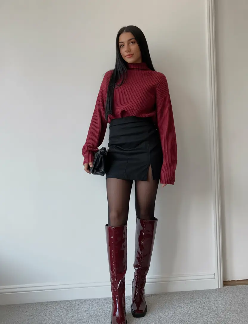sweater outfits Burgundy Skirt