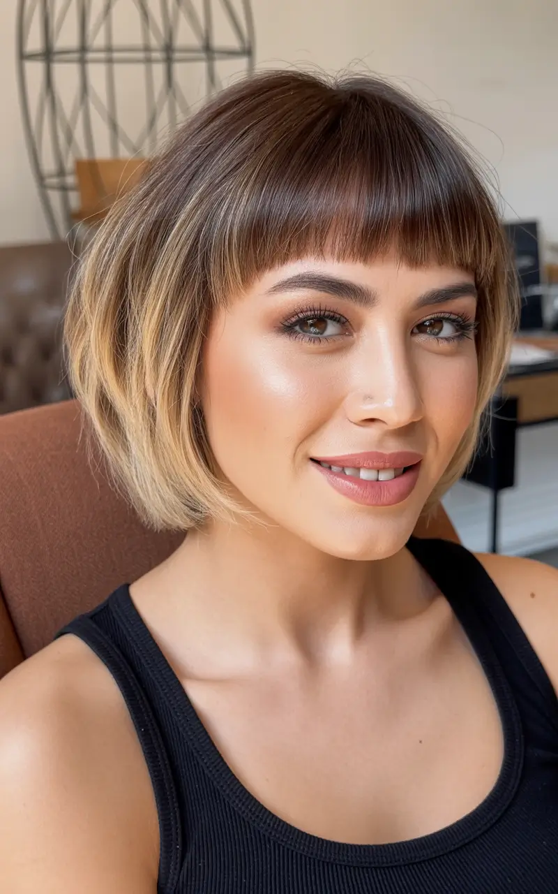 hair color Soft Hazelnut Bob With Baby Bangs
