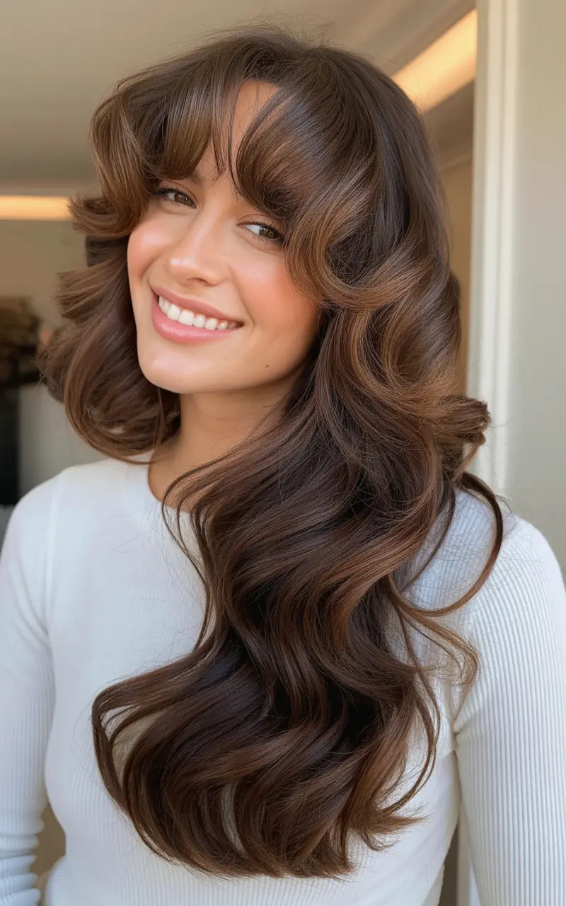 haircuts for long hair Chocolate Waterfall Waves With Rounded Fringe