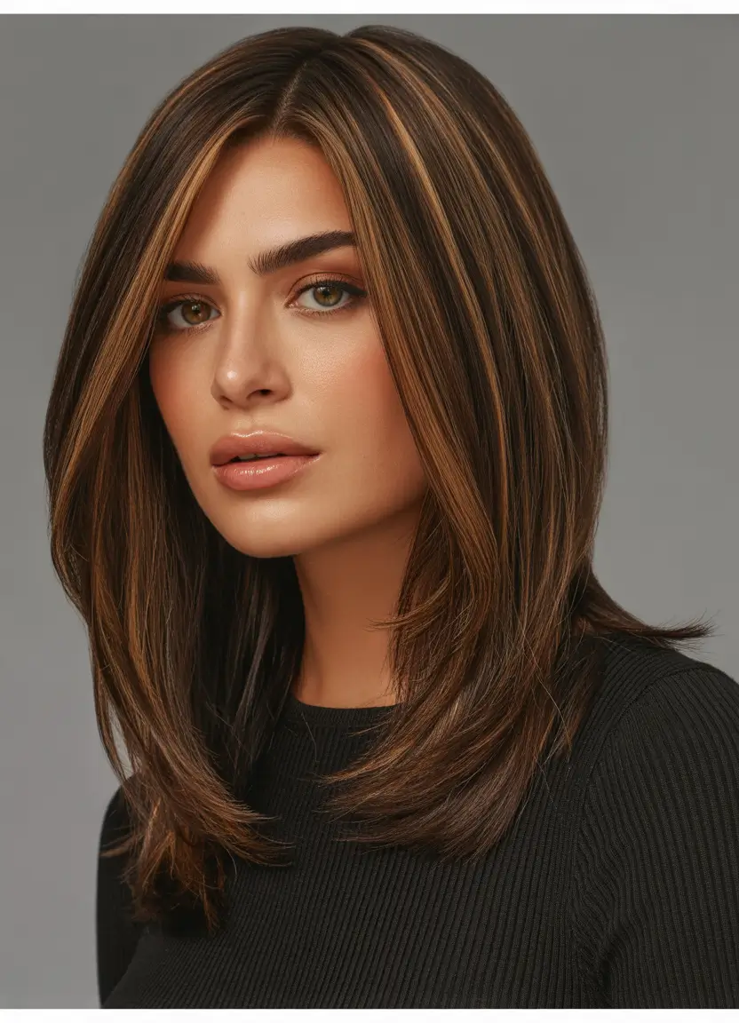 haircuts for long hair Polished Caramel Layers With Sleek Contour Framing