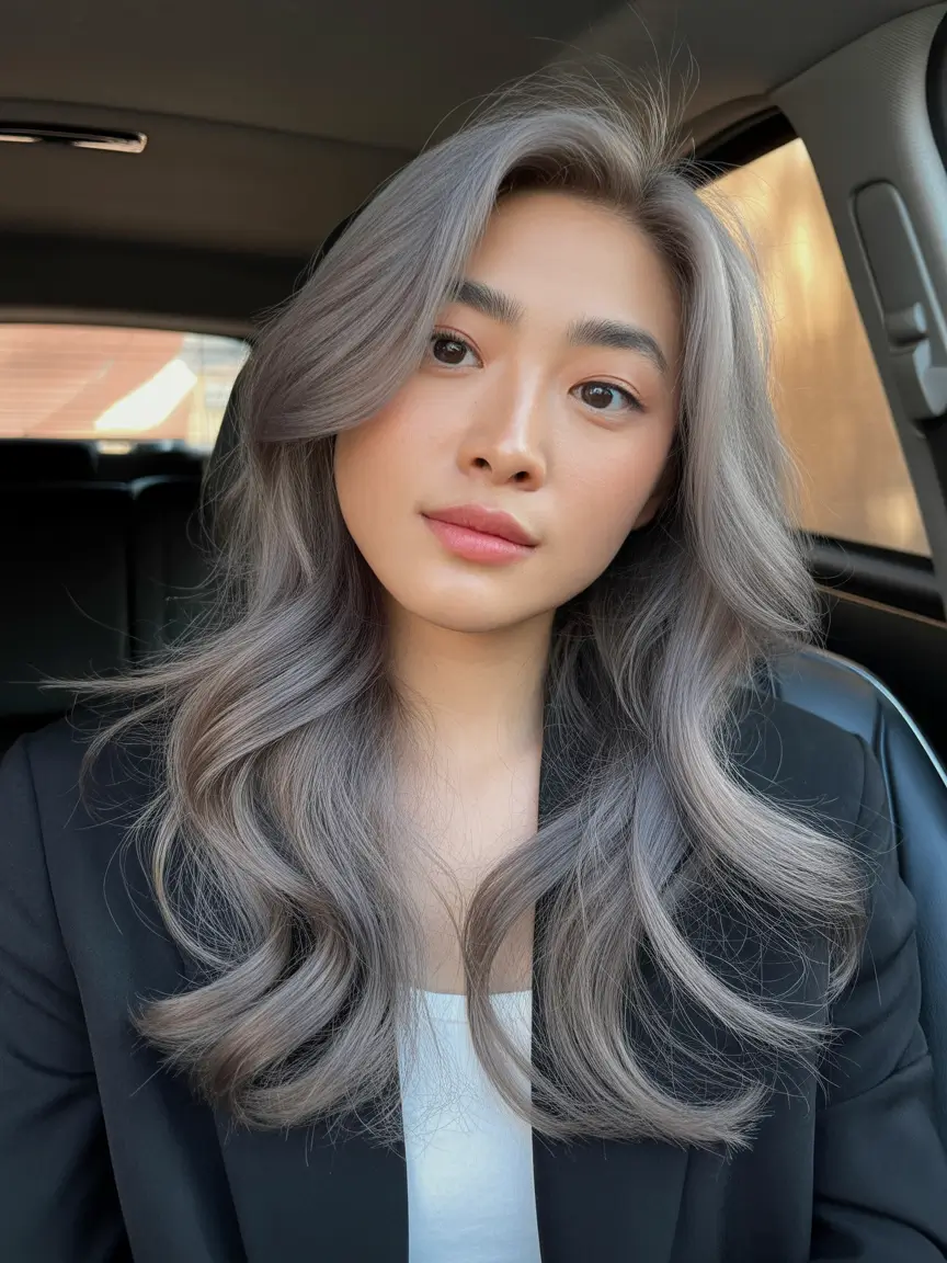 haircuts for long hair Smoky Silver Waves With Soft Contour Lift