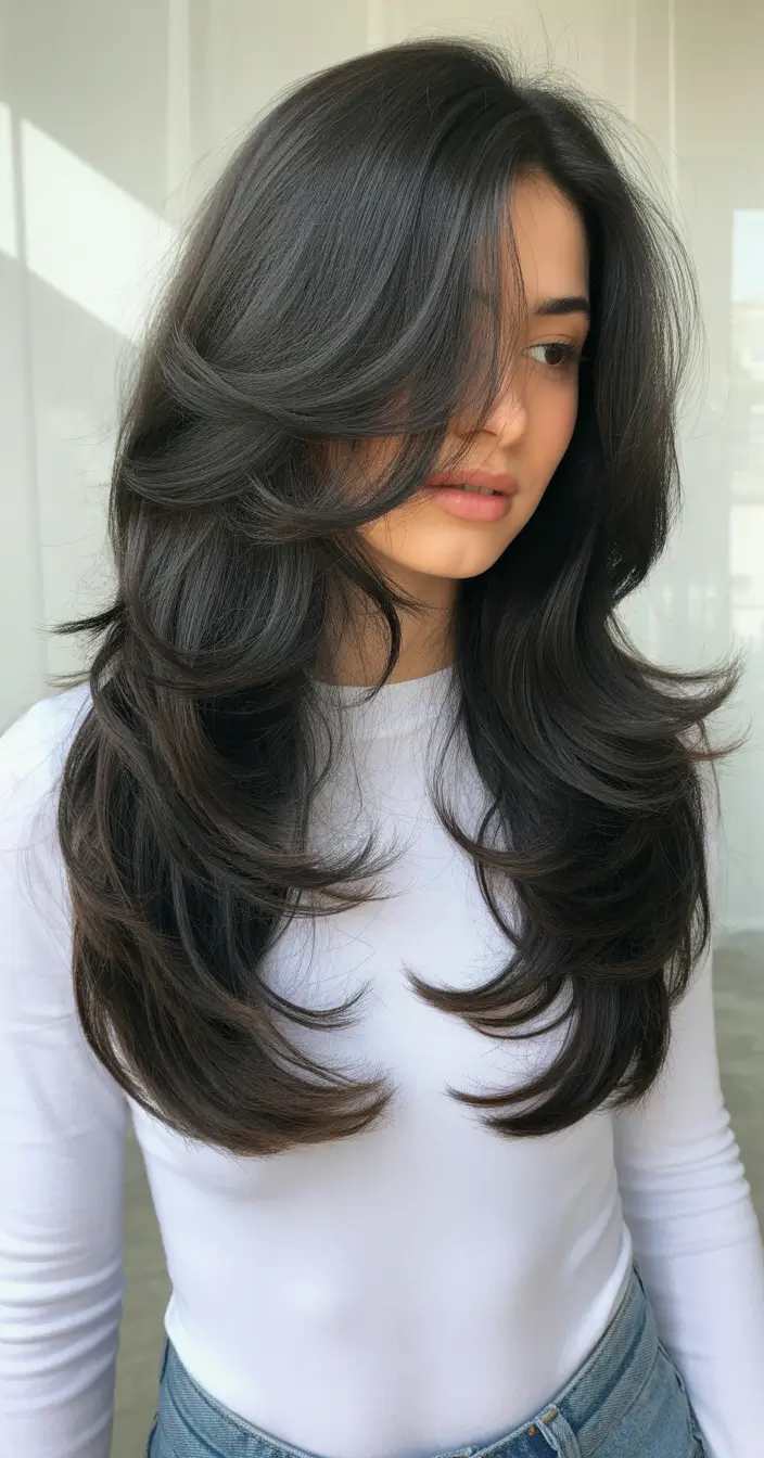 haircuts for long hair Jet-Black Layer Cascade With High Movement