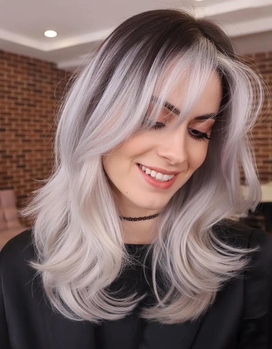 haircuts for long hair Frosted Layered Midi With Airy Fringe