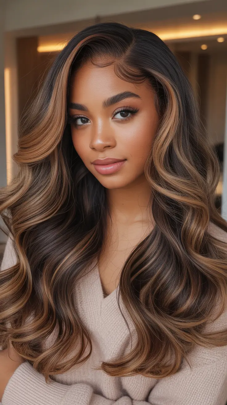 haircuts for long hair Warm Caramel Ribbons on Luxurious Waves