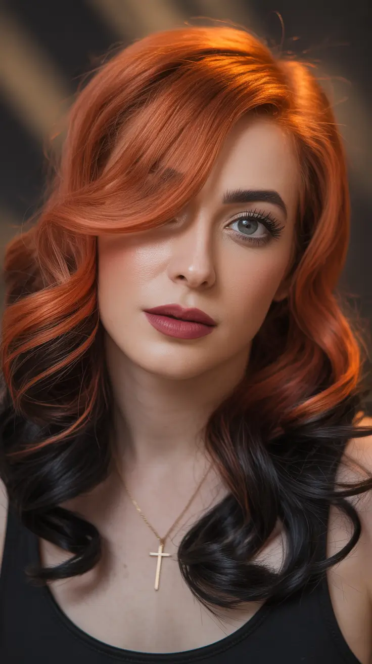 haircuts for long hair Copper Flame Waves With Deep Midnight Contrast