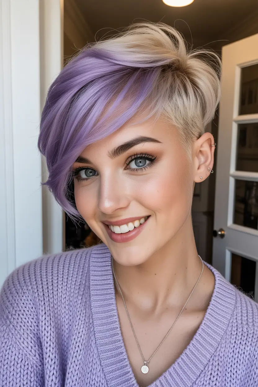 Asymmetrical Pixie Haircuts Pastel Lilac and Platinum Pixie With Airy Volume