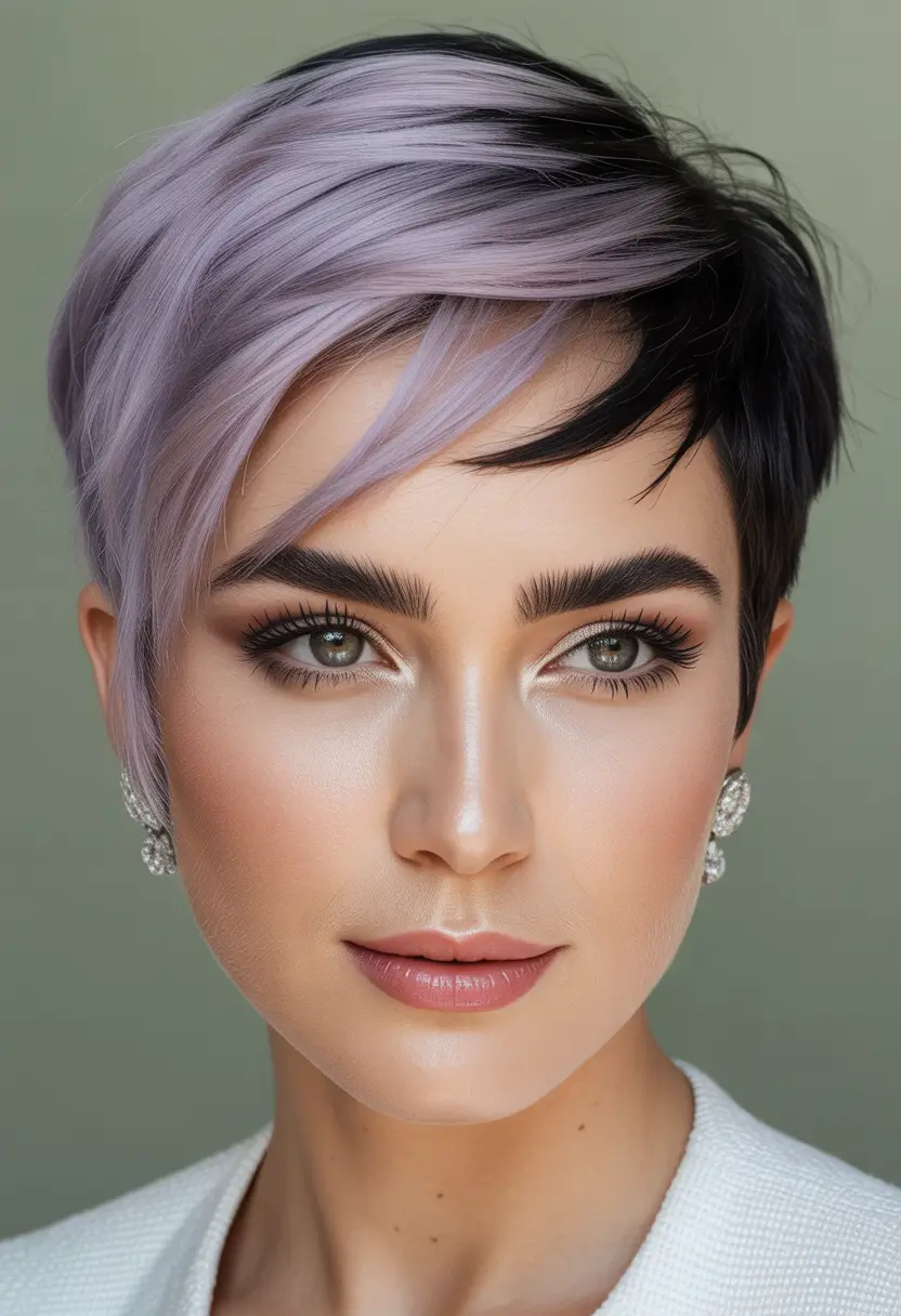 Asymmetrical Pixie Haircuts Smoky Lilac Pixie With Sculpted Sweep and Deep Contrast