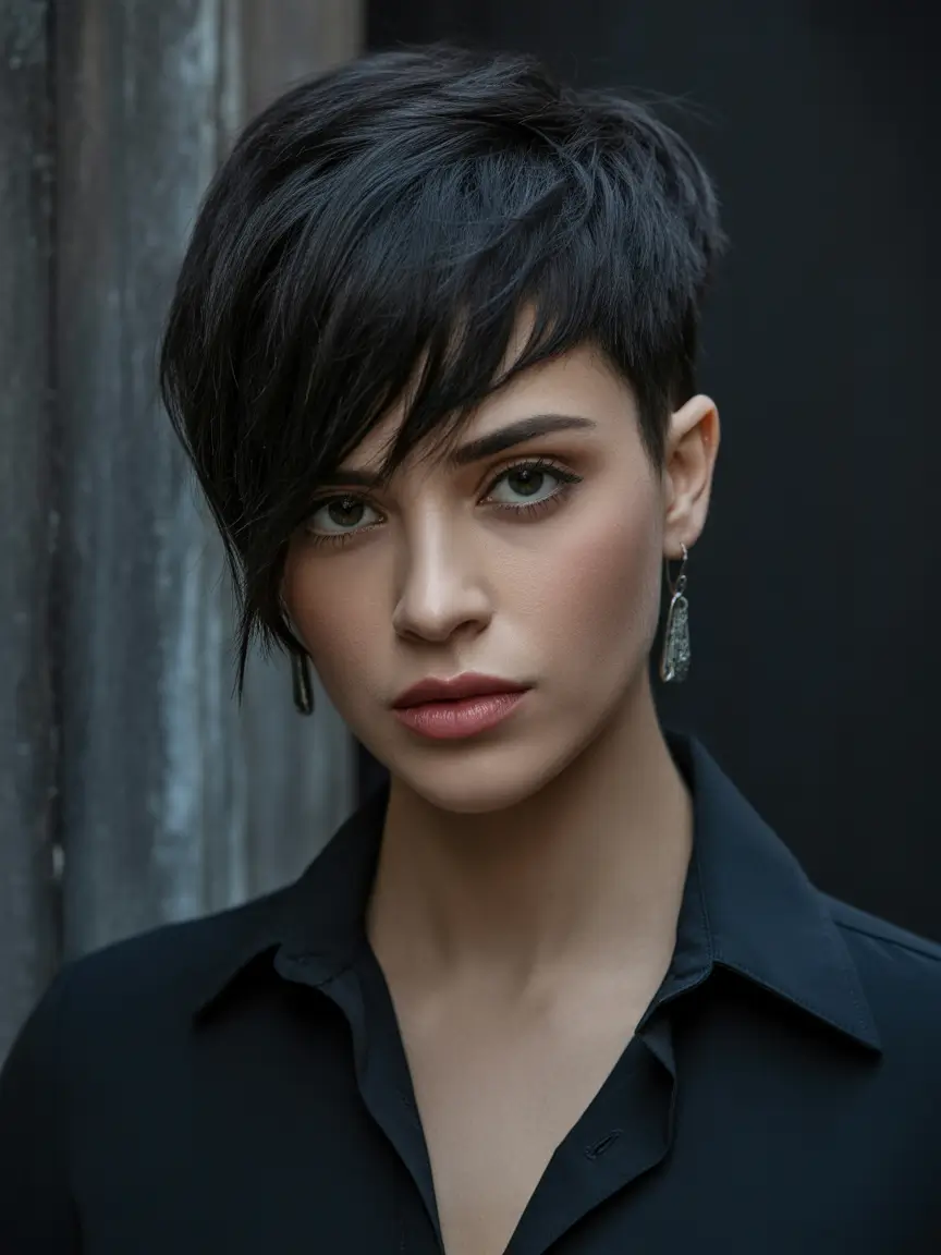 Asymmetrical Pixie Haircuts Ink-Black Layered Pixie With Soft Long Bangs