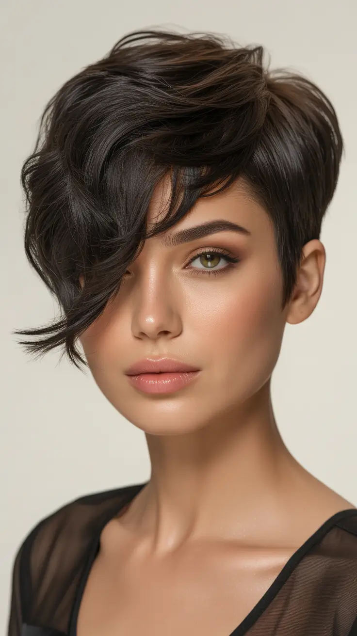 Asymmetrical Pixie Haircuts Chocolate Wave Pixie With Sweeping Asymmetry