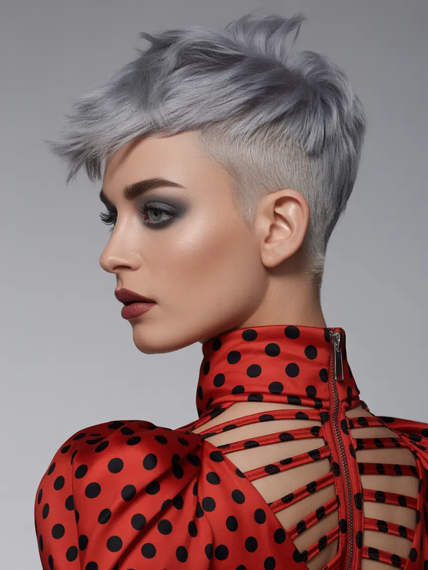 Asymmetrical Pixie Haircuts Icy Silver Pixie With Voluminous Crown and Tapered Sides
