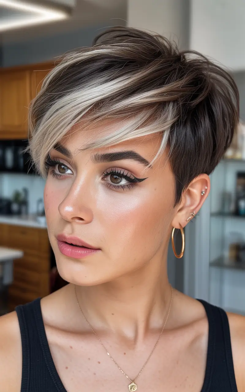 Asymmetrical Pixie Haircuts Dimensional Brunette Pixie With Signature Streak