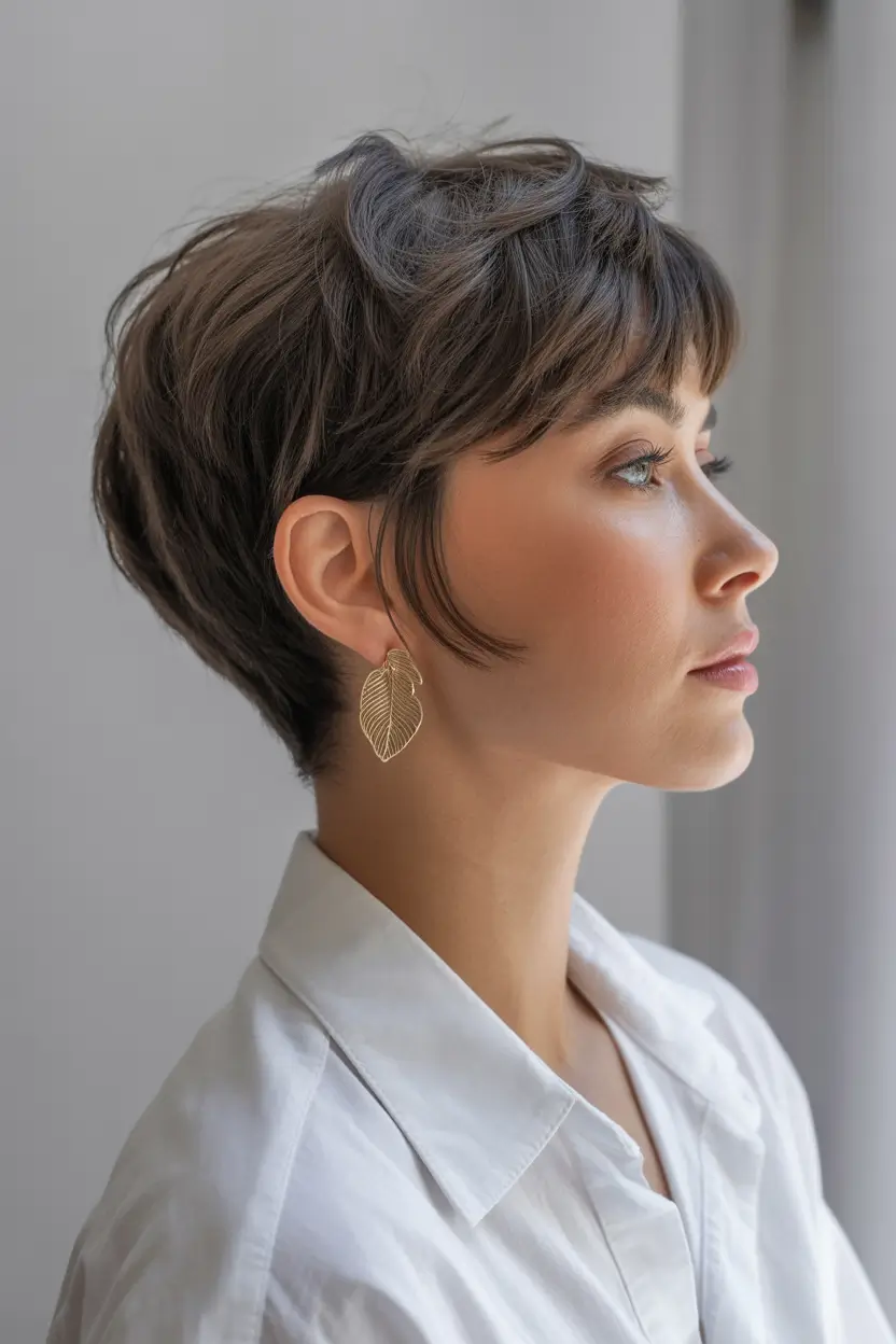 Asymmetrical Pixie Haircuts Soft Brunette Pixie With Micro Bangs and Natural Texture