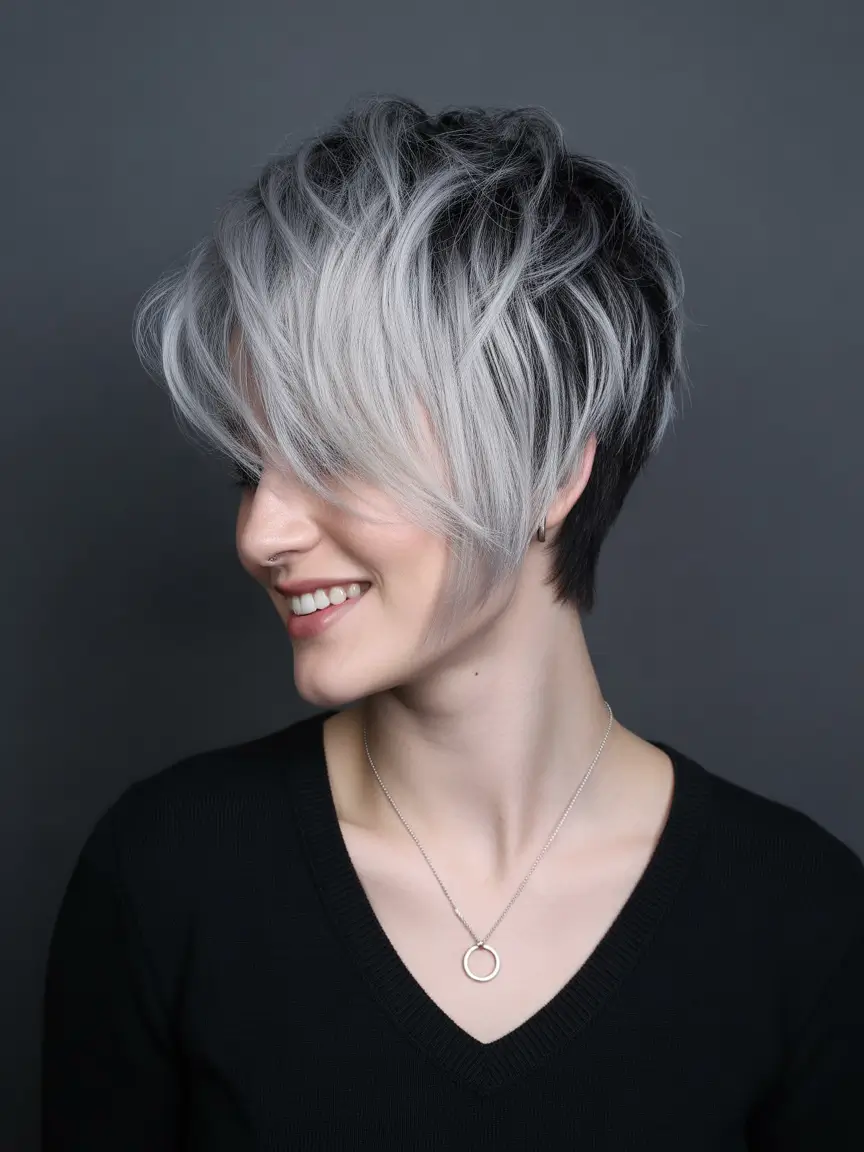 Messy Pixie Haircuts Silver-Gradient Pixie With Dramatic Long Fringe