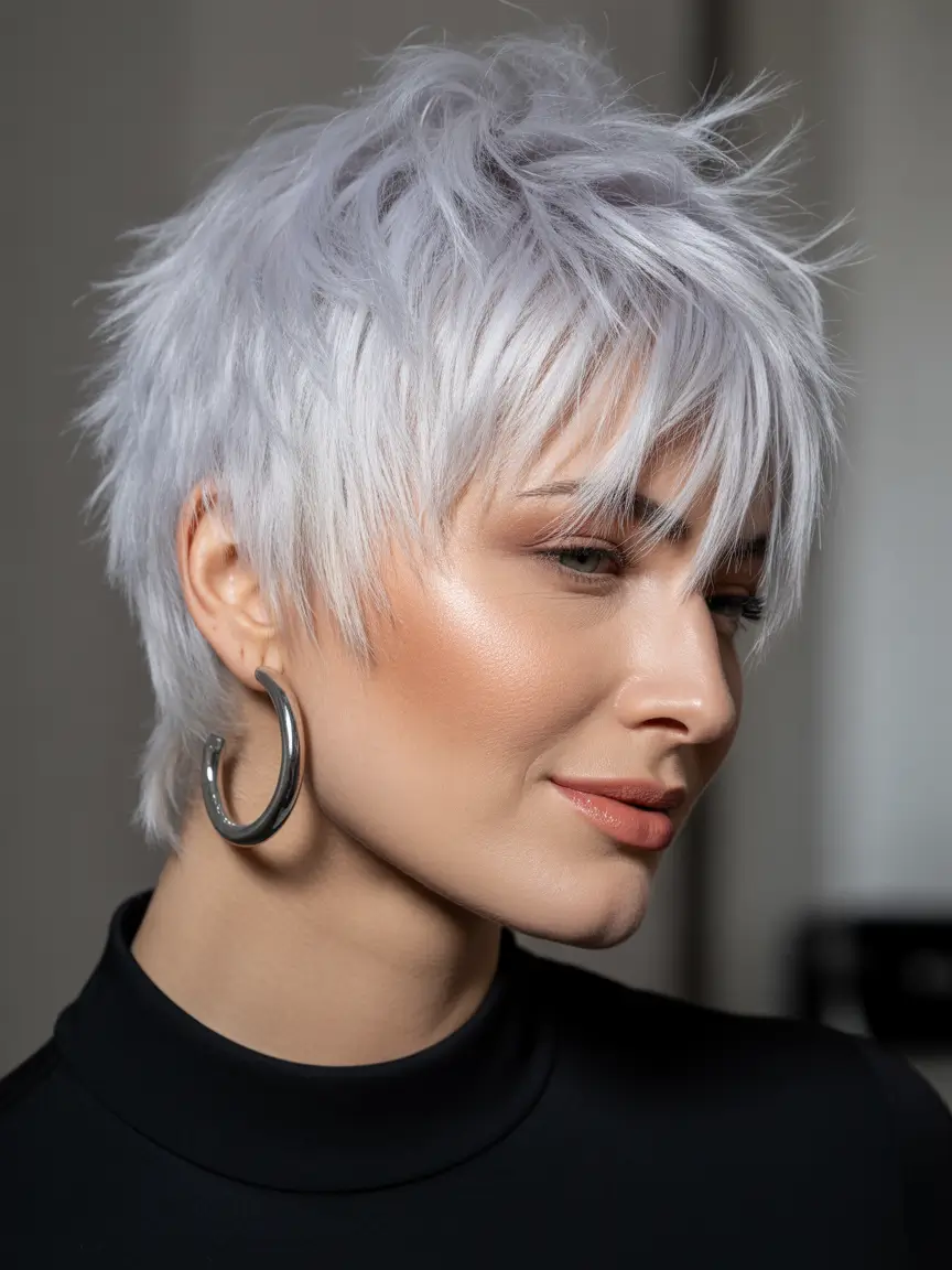 Messy Pixie Haircuts Feathered Silver Pixie With Layered Fringe