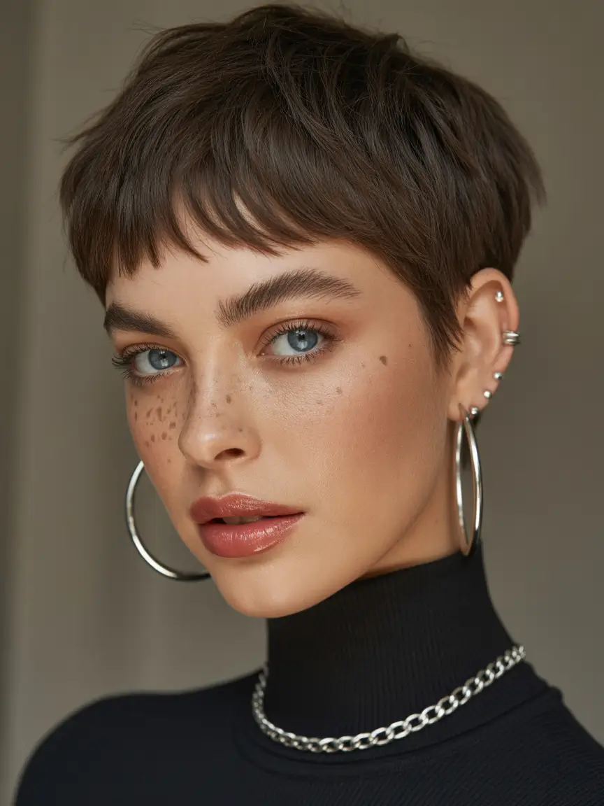 Messy Pixie Haircuts Chocolate Brown Micro-Pixie With Soft Baby Bangs