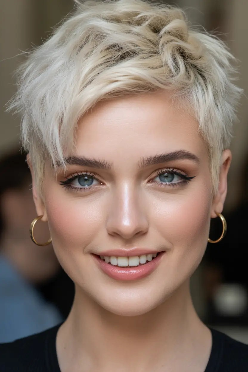Messy Pixie Haircuts Warm Blonde Pixie With Soft Movement and Bright Dimension