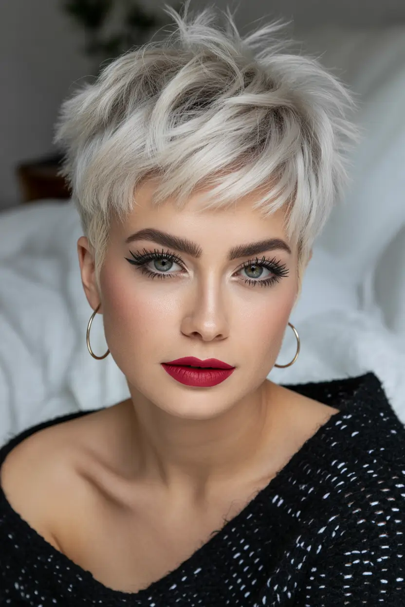 Messy Pixie Haircuts Icy Silver Pixie With Voluminous Crown and Textured Fringe