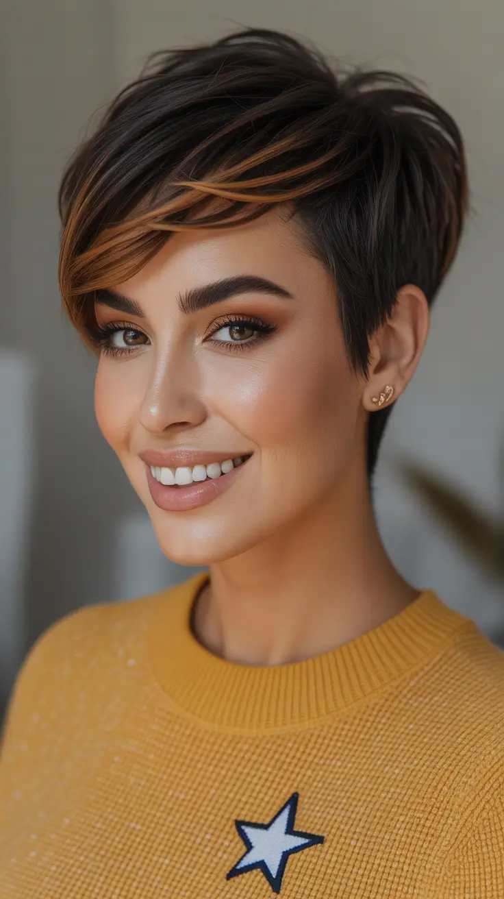 Messy Pixie Haircuts Dimensional Brunette Pixie With Caramel Sweeping Highlights