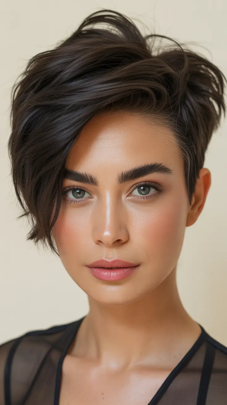 Messy Pixie Haircuts Voluminous Dark Pixie With Dramatic Side Layers
