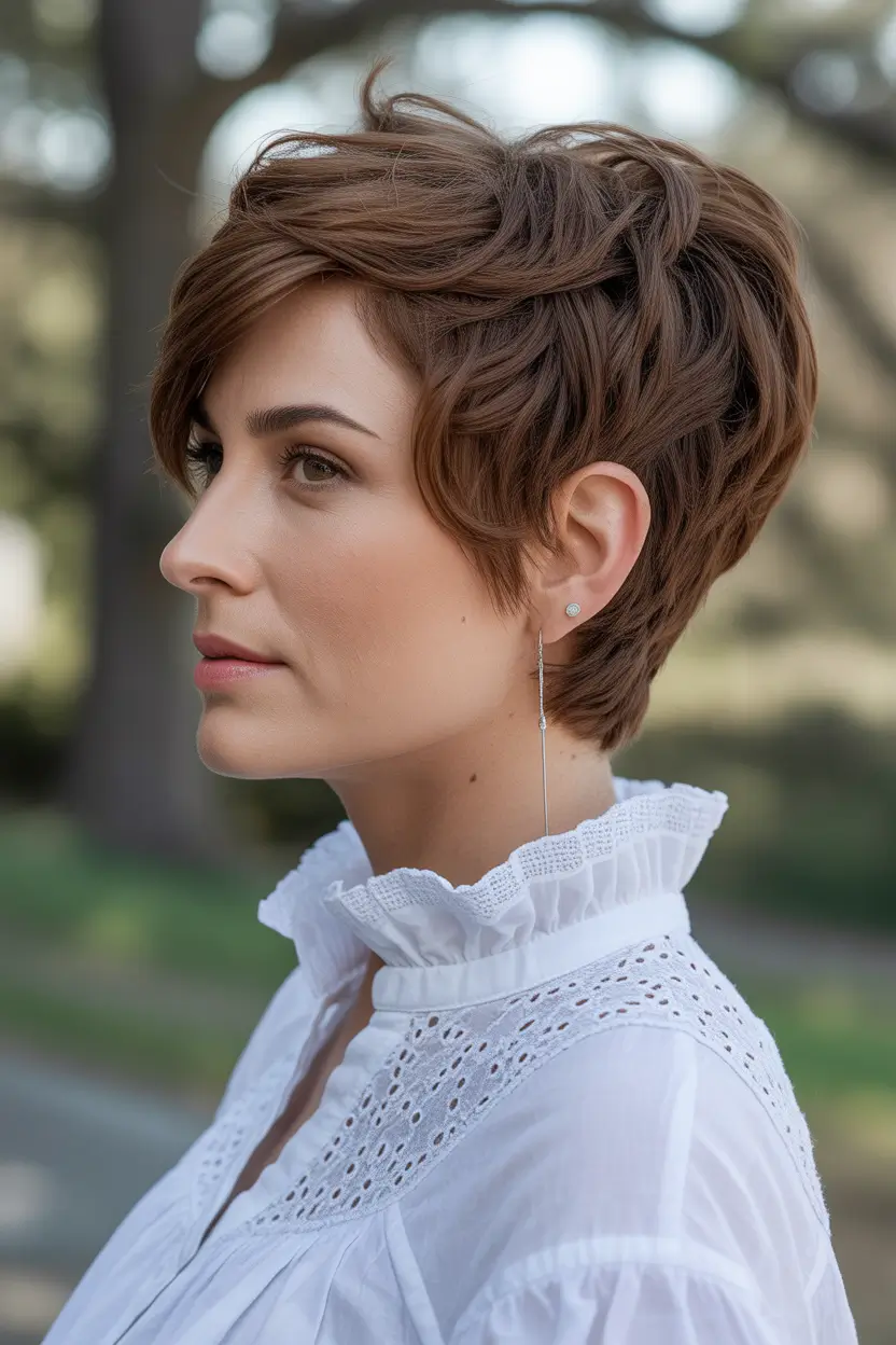 Messy Pixie Haircuts Layered Chestnut Pixie With Soft Windswept Movement