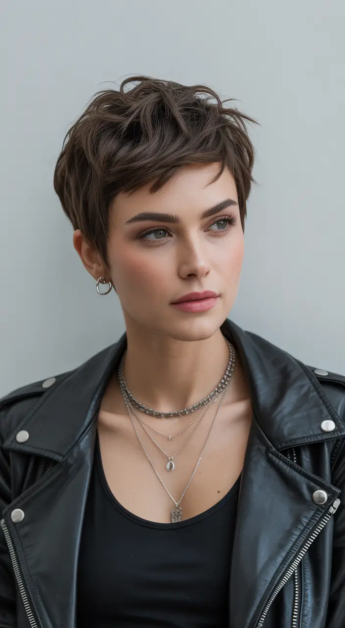 Messy Pixie Haircuts Textured Cool Brunette Pixie With Layered Crown