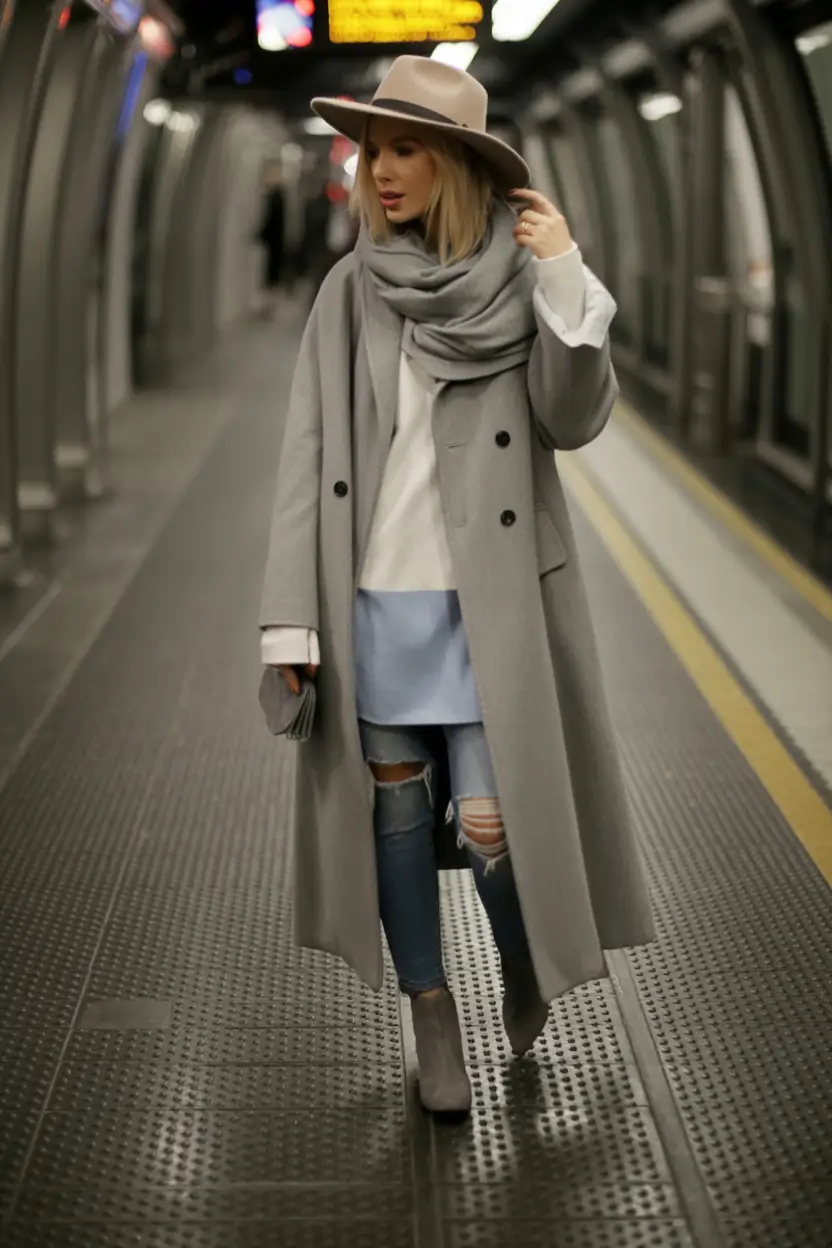rainy winter street style Metropolitan Layers: Grey Hues and Textured Accents