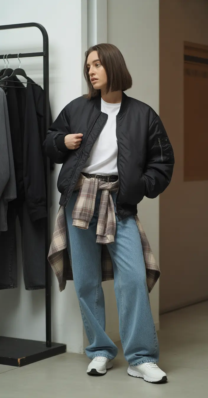 Cold Layered Comfort: Plaid and Puffer Fusion