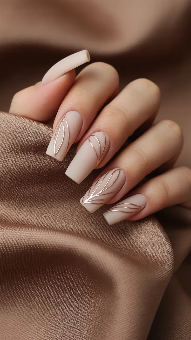 acrylic nails Soft Nude Geometry with Metallic Lines