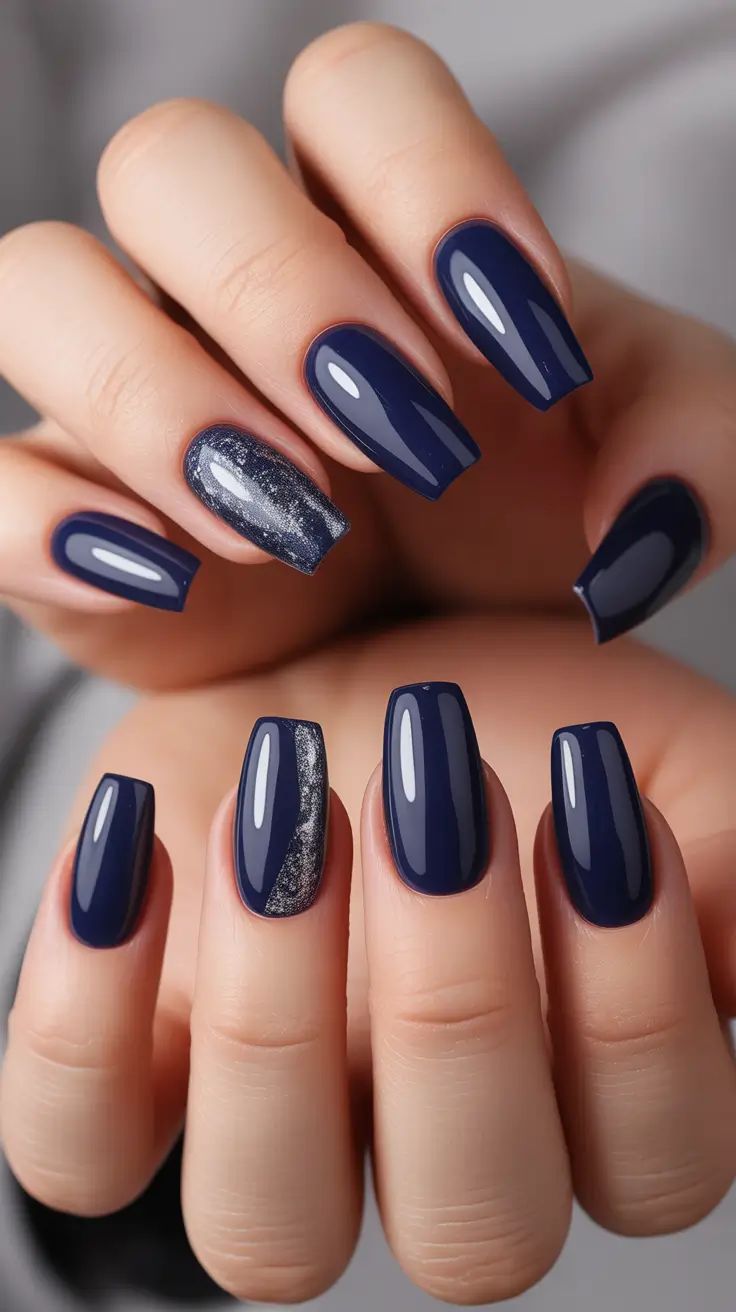 acrylic nails Midnight Blue Gloss with Subtle Sparkle