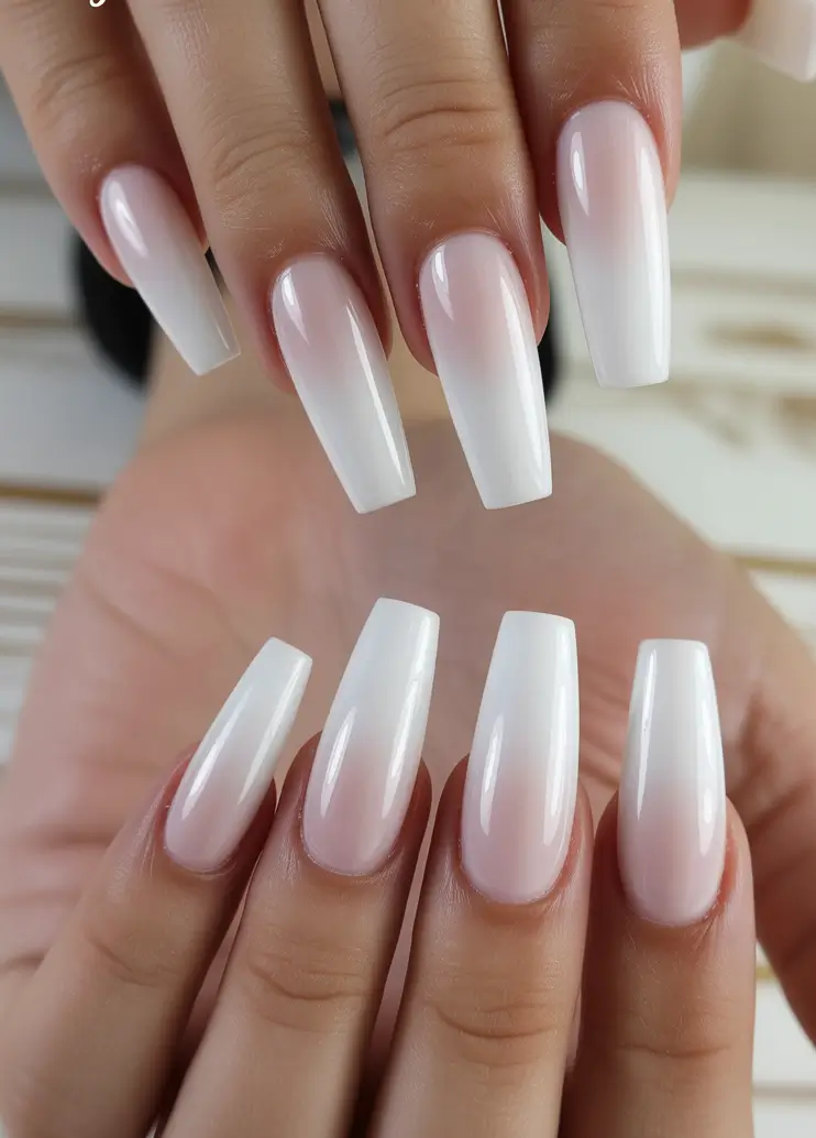 acrylic nails Milky White Ombré with Elongated Structure
