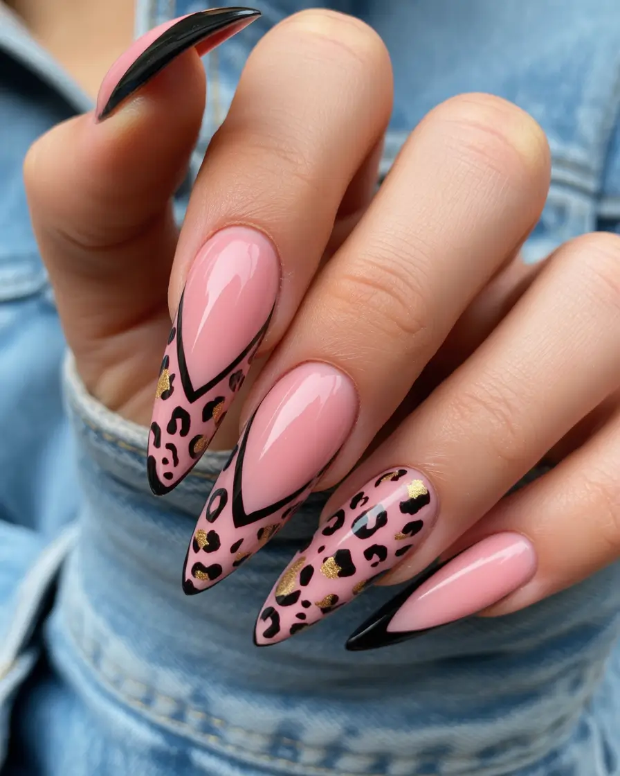 acrylic nails Pink Leopard Accents with Sharp Contrast Tips