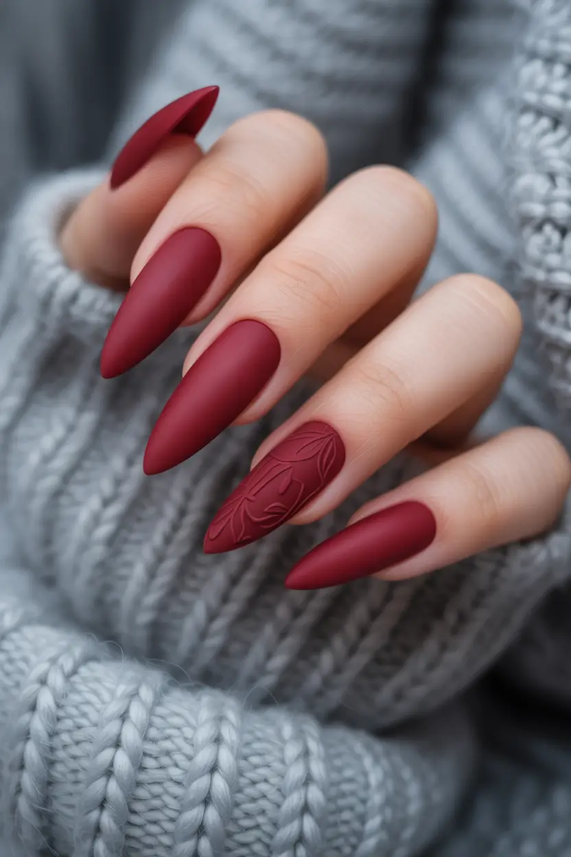 acrylic nails Matte Burgundy with Sculpted Detail