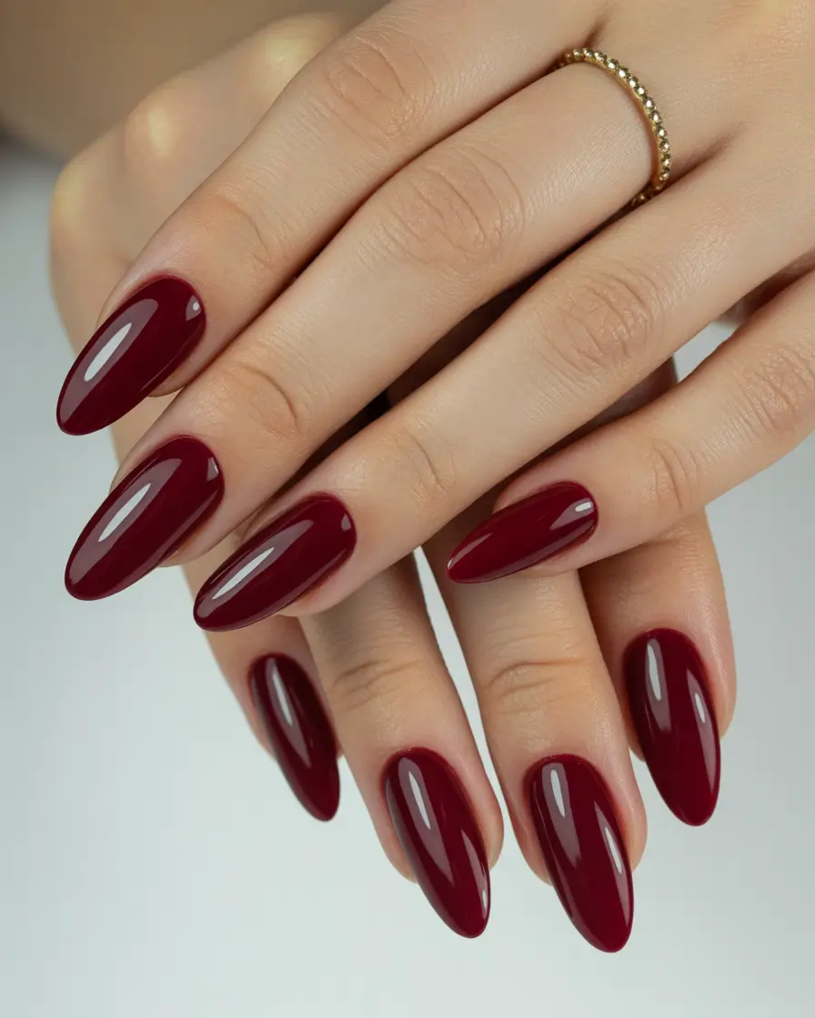 acrylic nails Classic Glossy Wine Almond Nails