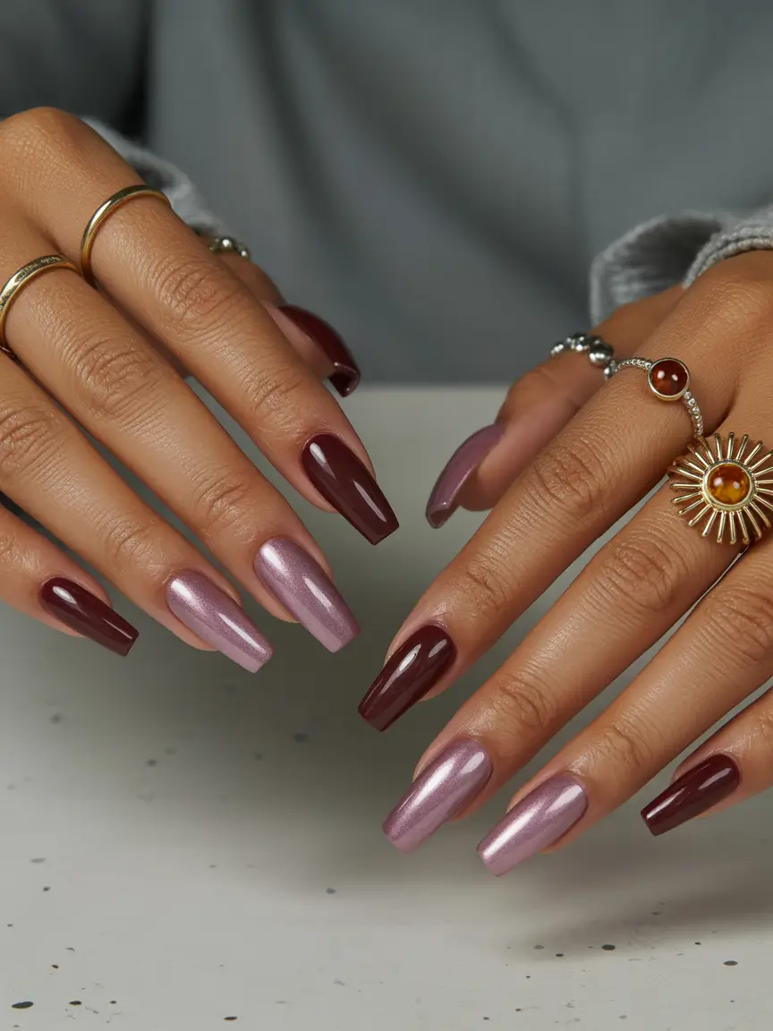 acrylic nails Mixed Finish Plum and Rose Metallics