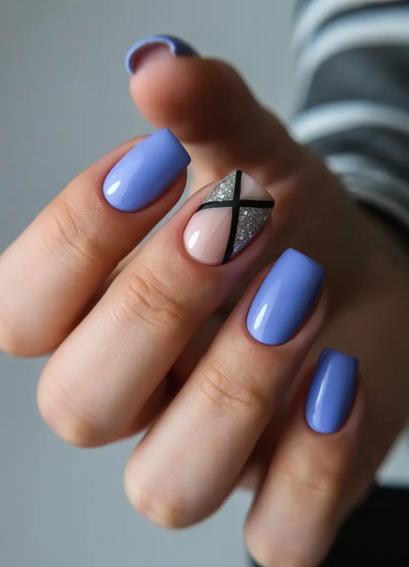 acrylic nails Cool Periwinkle with Graphic Silver Geometry
