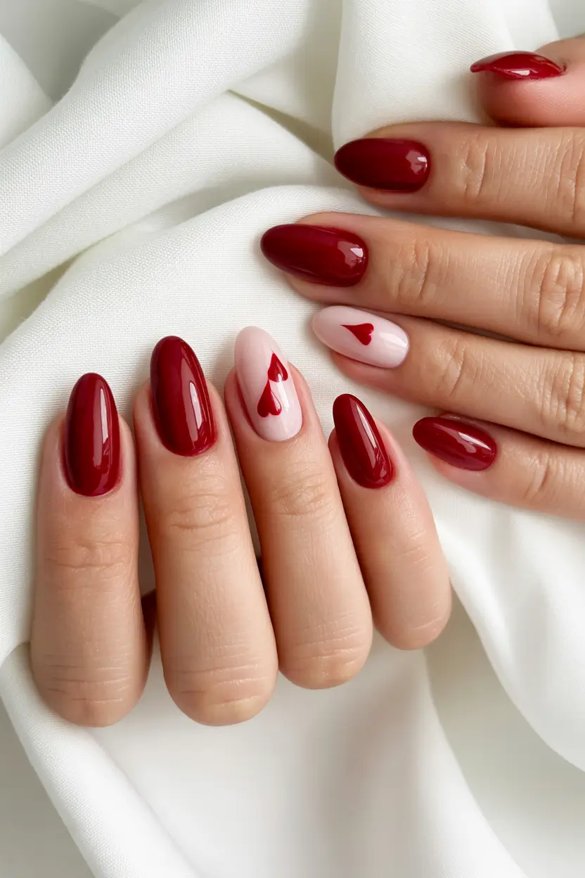 acrylic nails Romantic Red with Minimal Heart Detail