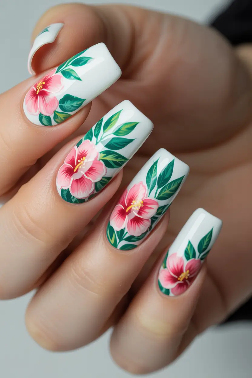 acrylic nails Tropical Florals on a Crisp White Base