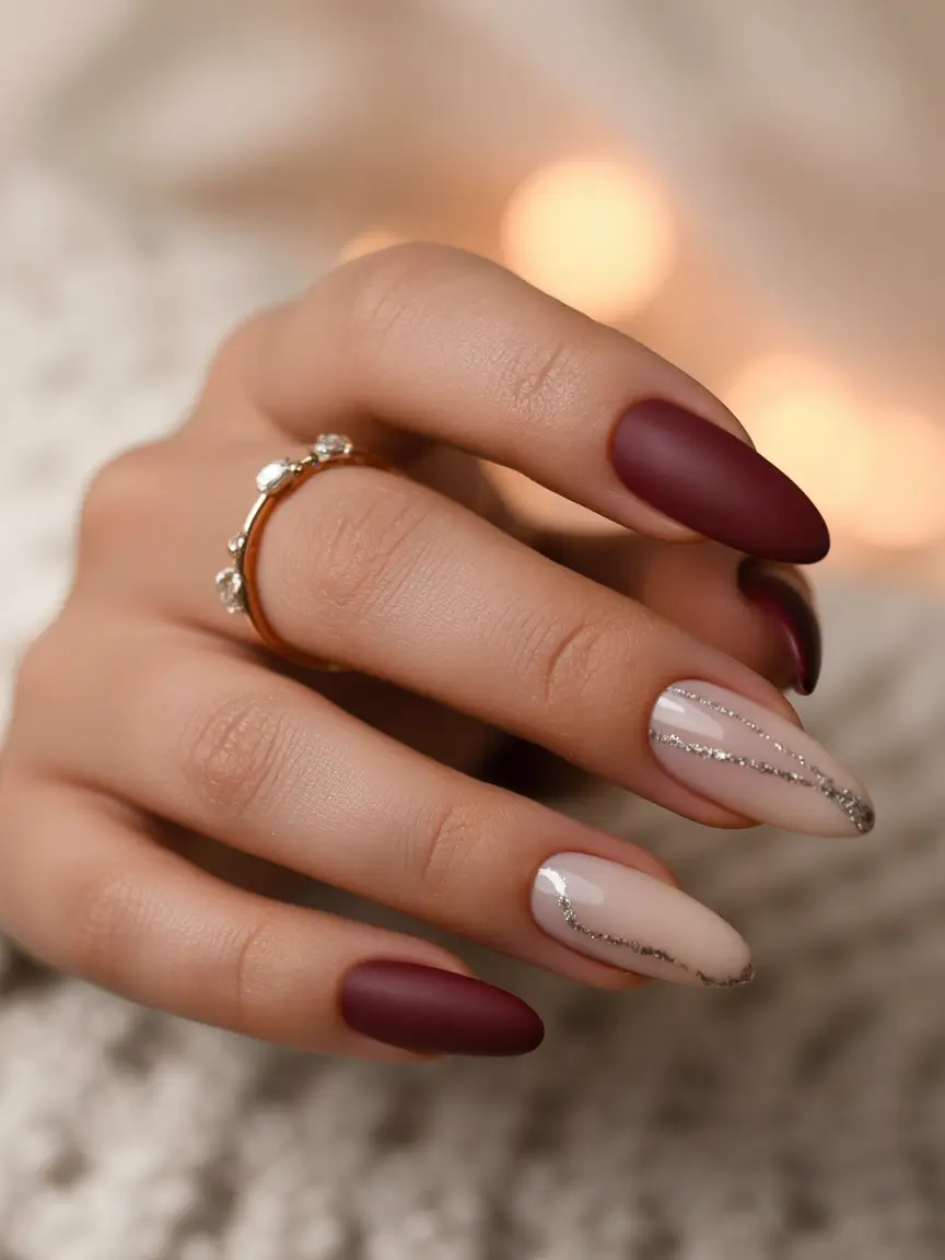 acrylic nails Matte Wine with Delicate Metallic Lines