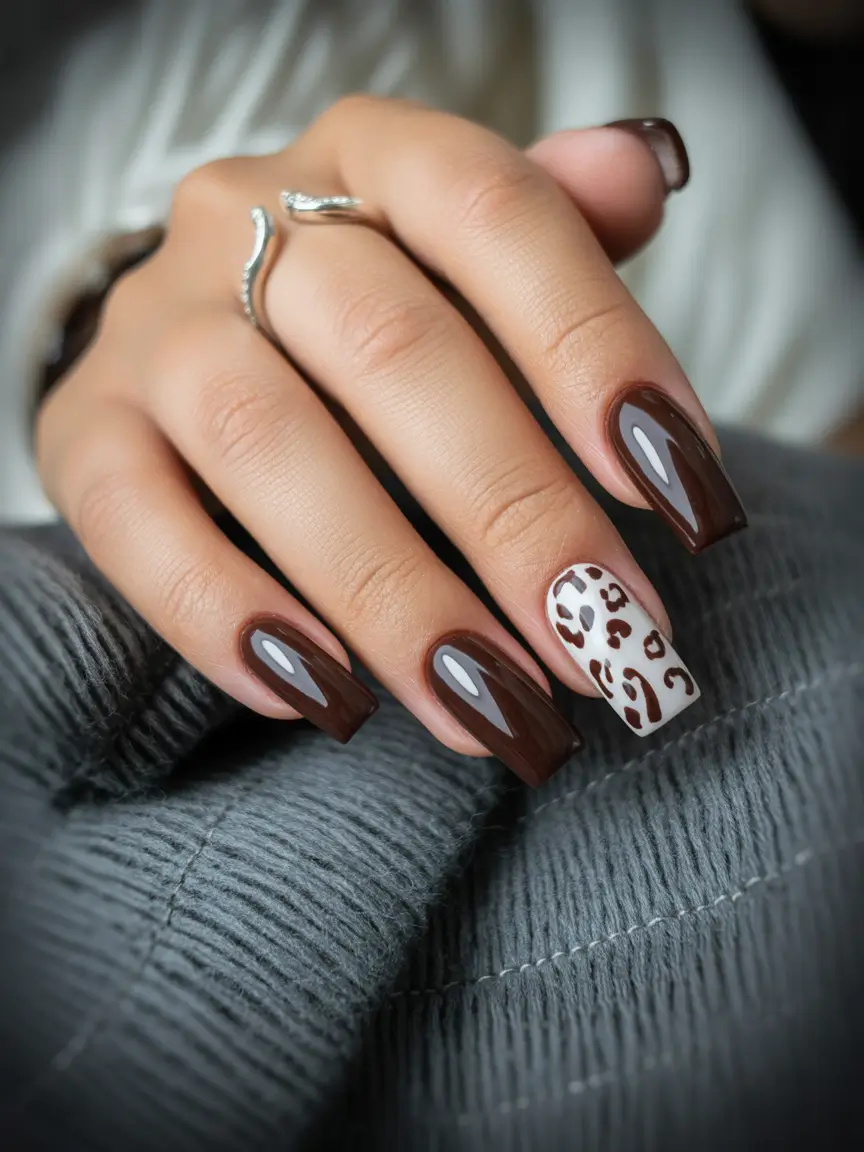 acrylic nails Chocolate Brown with Playful Accent Art