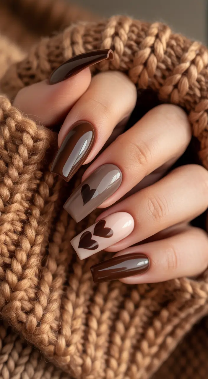acrylic nails Cozy Cocoa Browns with Heart Accents