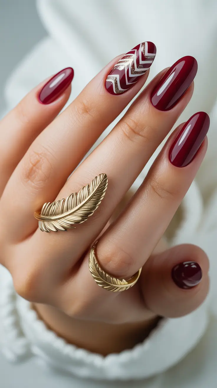acrylic nails Burgundy Chevron with Metallic Depth