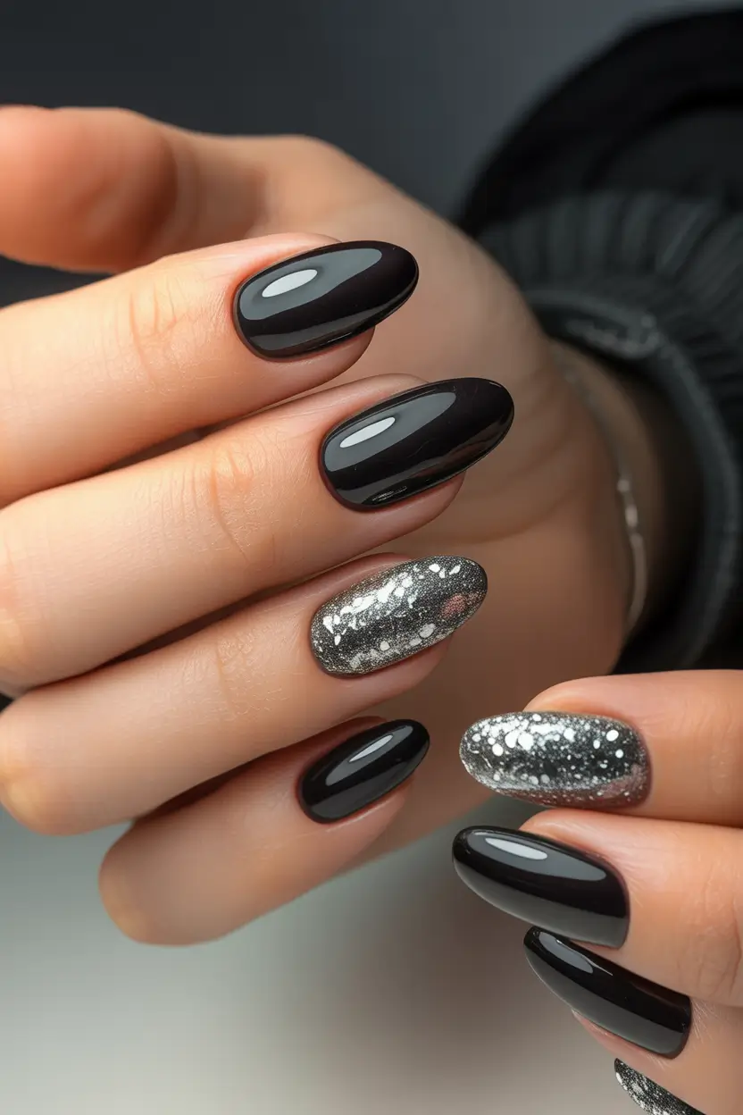 acrylic nails Glossy Black with Cosmic Texture