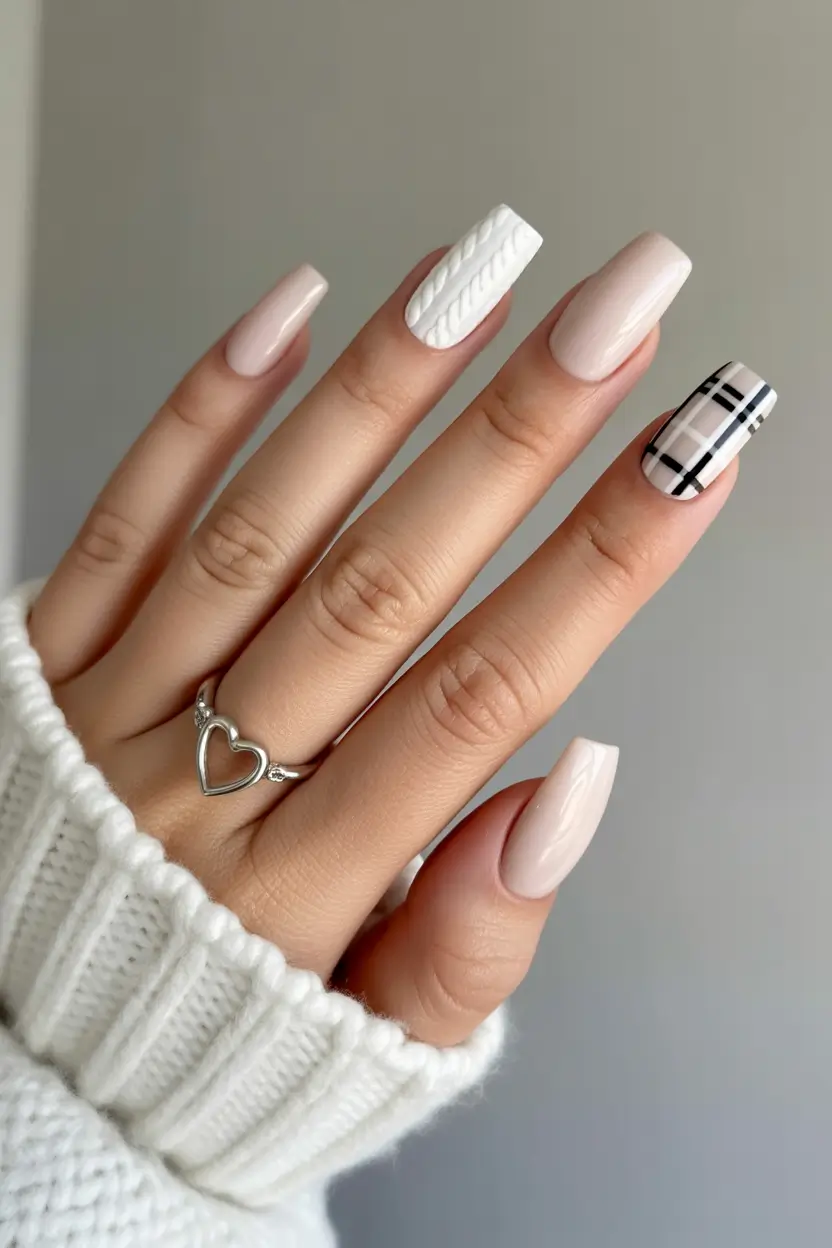 acrylic nails Soft Knit Neutrals with Graphic Accents