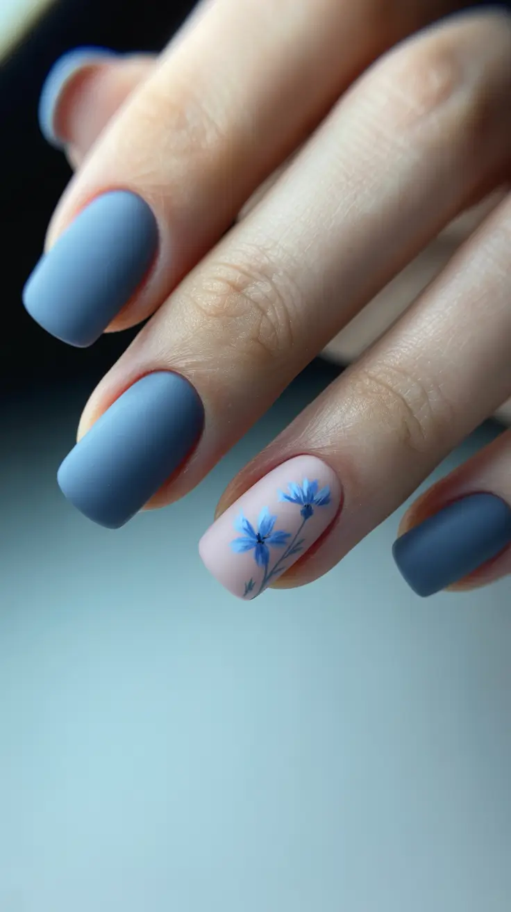 acrylic nails Matte Blue Florals with a Soft Accent