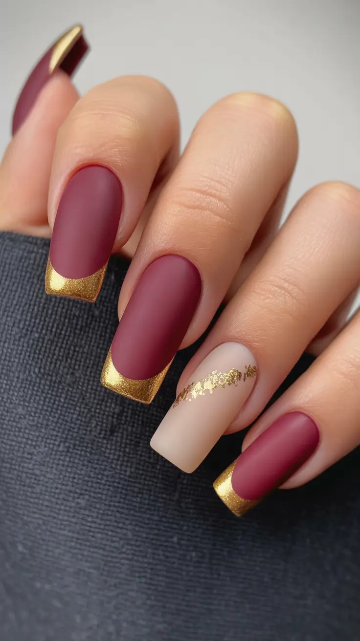 acrylic nails Deep Burgundy with Gold-Tipped Elegance