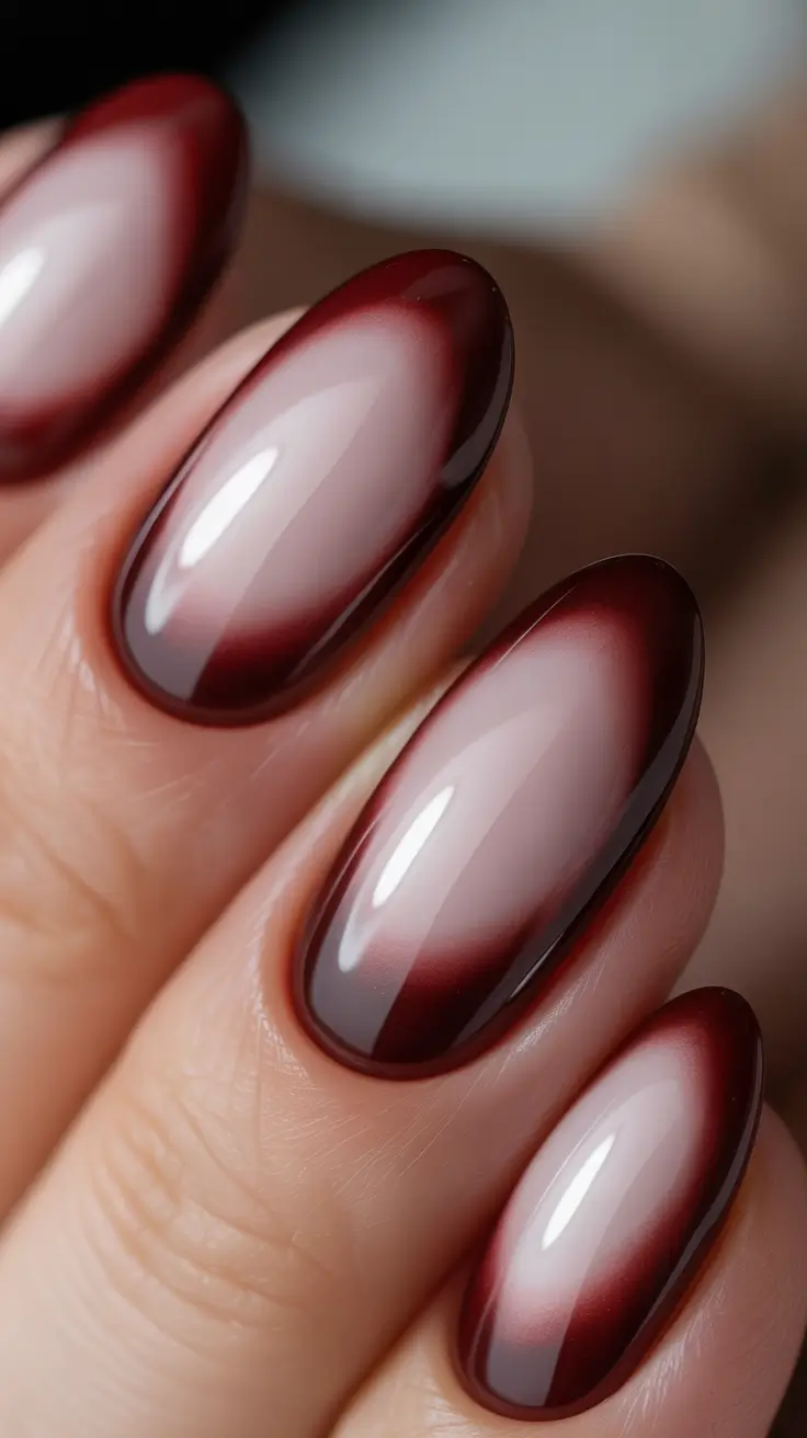 aura nails Soft Nude Aura With a Burgundy Frame